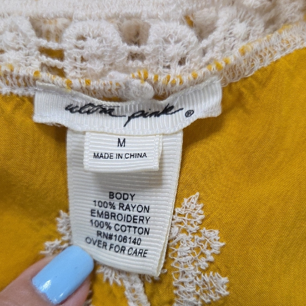 Ultra Pink Mustard Lace Trim Blouse Medium Sz P2p 19 - Picture 3 of 3